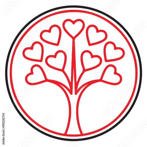 Red heart tree emblem inside black circle vector illustration for valentines day greeting cards and wedding invitations romantic love symbol for jewelry and fashion on transparent background