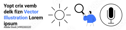 Research, information discovery, digital search, communication tools, voice recognition, exploration. Sun symbol, person with magnifying glass microphone. Research and information discovery concept