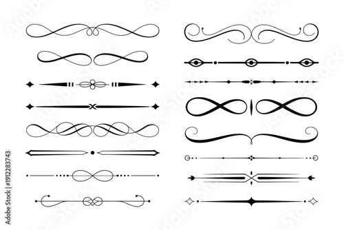 Elegant collection of black decorative flourishes and dividing lines for documents.