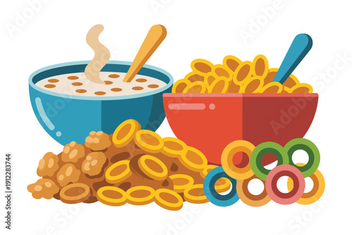 Assortment of hot oatmeal and colorful cereal illustrations ready for breakfast.