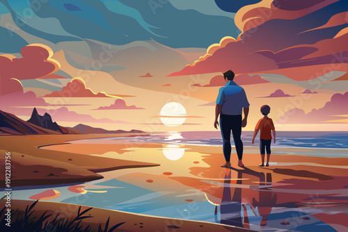 Behind the father and son on the empty beach at sunset traces the wet sand reflecting the sky.