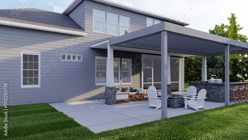 Bild auf Leinwand Modern House Backyard with Outdoor Kitchen Fire Pit and Louvered Pergola 3D Rend