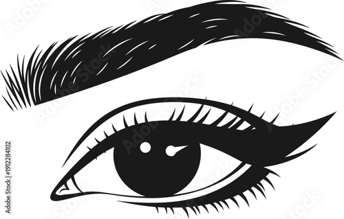 A detailed illustration of a woman's eye with dramatic eyeliner and thick eyebrow