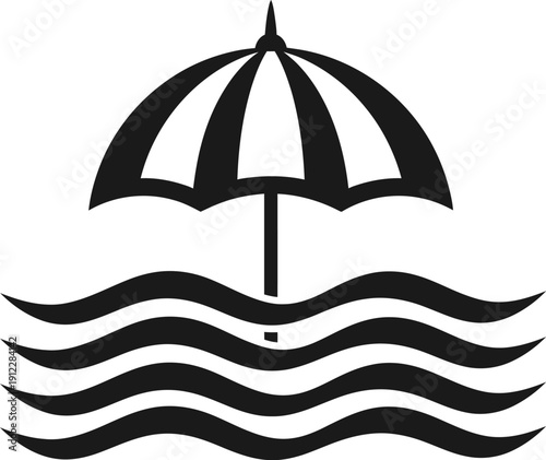 Black and white illustration of a beach umbrella standing in the ocean waves