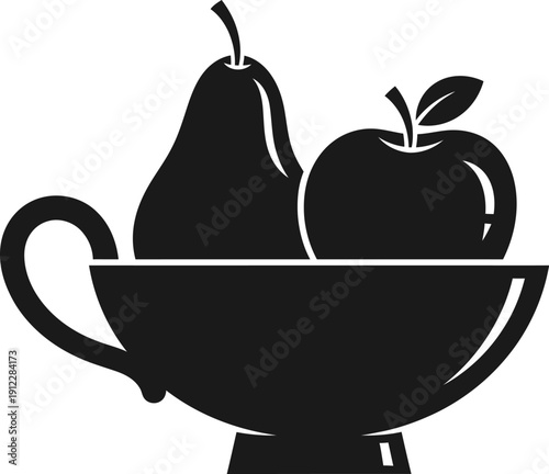A black silhouette of a teacup with a pear and an apple