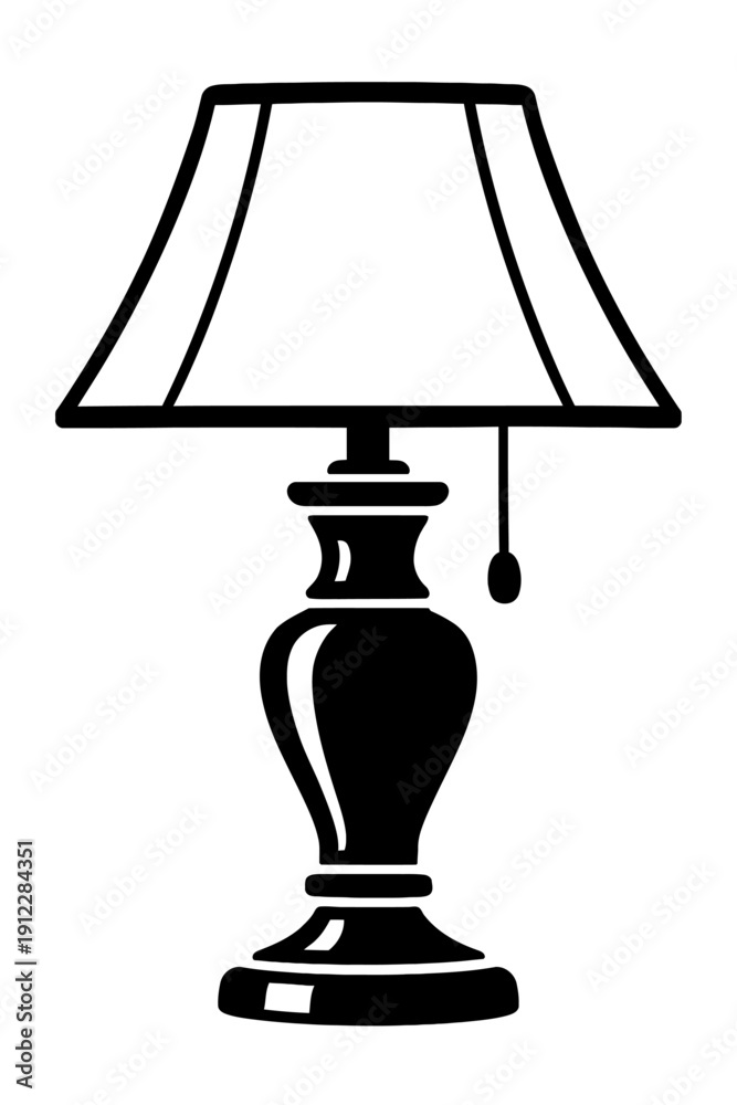 Obraz premium Classic Table Lamp with Pull Chain Icon Vector - Simple Line Art Symbol for Bedroom Lighting, Home Decor, and Interior Design Isolated on White Background