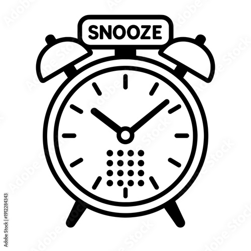 Classic Alarm Clock with Snooze Button Icon Vector - Simple Line Art Symbol for Time Management, Morning Routine, and Sleep Cycles Isolated on White
