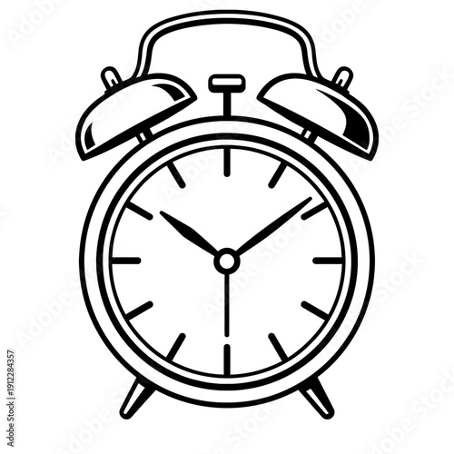 Classic Twin Bell Alarm Clock Icon Vector - Simple Line Art Symbol for Time, Wake Up, Morning Routine, and Bedroom Decor Isolated on White Background