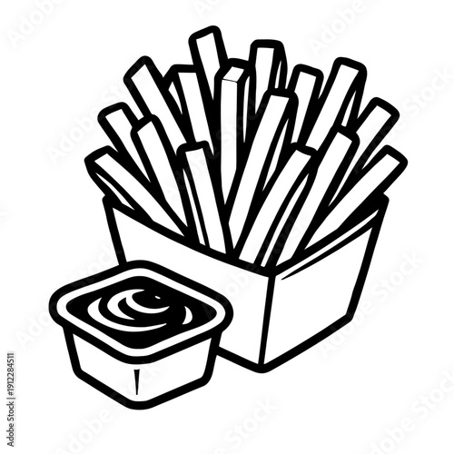 French Fries in Box with Dipping Sauce Vector Icon - Minimalist Line Art Illustration for Fast Food Sides, Snack Menu, Takeaway Meals, and Potato Appetizers