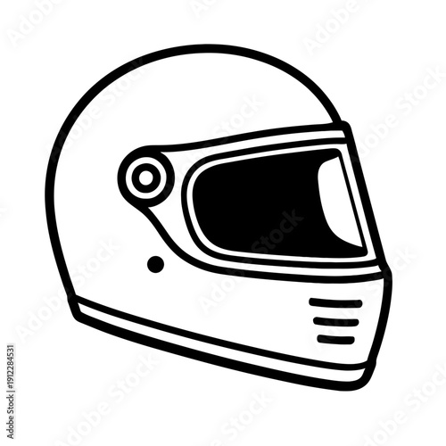Full-Face Racing Helmet Vector Icon - Professional Motorcycle and Auto Sport Safety Headgear Illustration. Minimalist Black and White Protective Helmet Design for Motorsports and Biking.