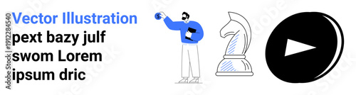 Strategy, leadership, decision-making, entertainment, business, planning. Man holding an object, chess knight figure and play button icon. Strategy and leadership