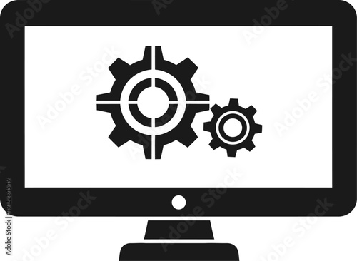 Computer monitor displaying gear icons for settings and configuration