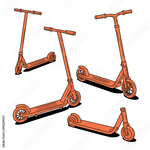 Multiple modern kick scooters are displayed in various positions.
