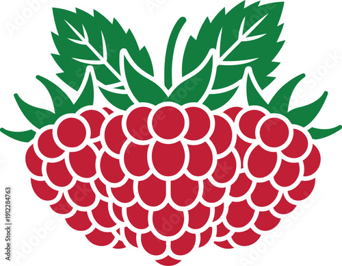 A vibrant illustration of a cluster of red raspberries with green leaves