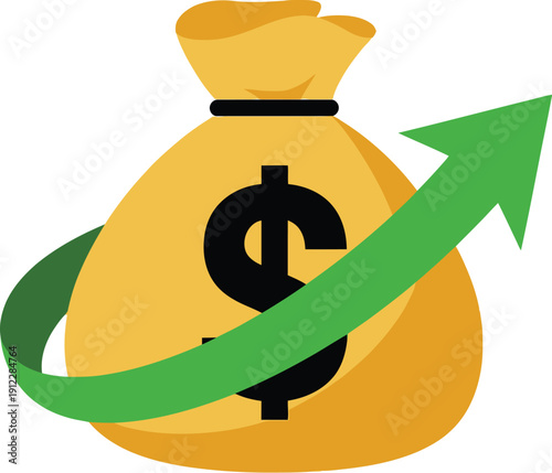 A growing money bag with a green arrow indicating financial increase and success