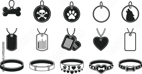 Collection of Pet Accessories Silhouettes featuring Dog Tags Identification Pendants Military Style Tags and Collars with Bone Heart Paw and Skull Patterns