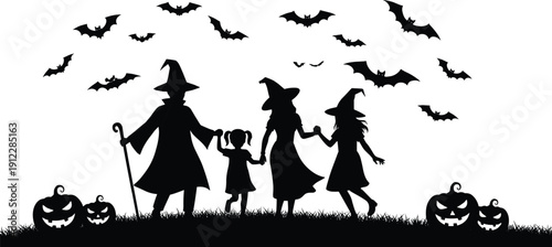 Halloween Family Silhouette with Parents and Children in Witch Hats Walking on Grass Field with Spooky Bats and Jack-O-Lantern Pumpkins