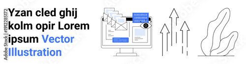 Data management, digital transformation, email communication, business analytics, online connectivity, graphical growth. Monitor with emails, charts and arrows. Data management and digital