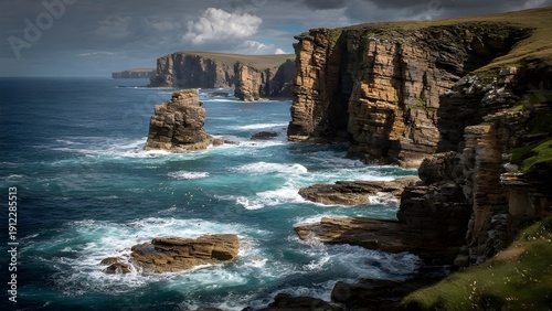 Breathtaking isolated serene, unpopulated landscape showcasing Orkney Islands – Windswept islands with cliffs and Neolithic sites 