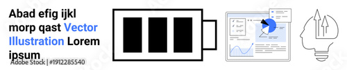 Data visualization, energy efficiency, innovation, business tools, digital media, creative thinking. Battery icon, data dashboard and lightbulb with arrows. Innovation and data visualization