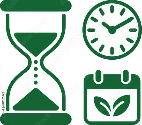 Green icons depict time management, scheduling, and ecological planning concepts.