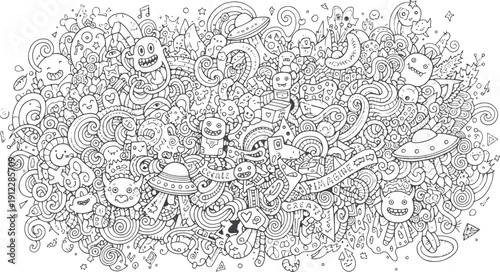 "Intricate Abstract Doodle Art Background with Cute Monsters, Whimsical Characters, and Creative Elements – Hand Drawn Vector Line Art Illustration"