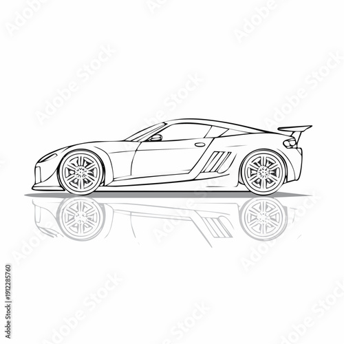 Line art illustration of a sleek sports car with reflection.