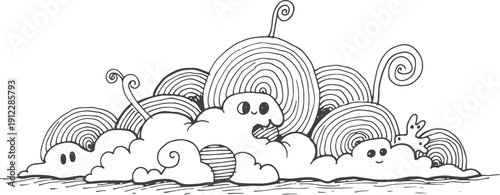 Intricate Abstract Doodle Art with Cute Characters, Space Aliens, and Whimsical Elements - Hand Drawn Vector Line Art Illustration.