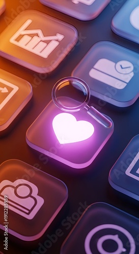 Modern 3D glassmorphism mobile app icons featuring a glowing pink heart and a magnifying glass, symbolizing social media engagement, dating apps, or digital search.