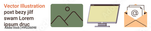 Communication, digital marketing, business email, content creation, online media, workplace tools. Computer screen, letter envelope and landscape icon. Communication and digital marketing theme
