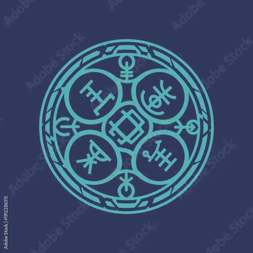 Circular magical symbol with intricate runes and geometric patterns on a dark background.