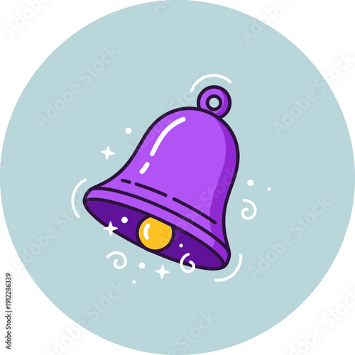 Cartoon-style purple bell with a yellow clapper and sparkles around it.