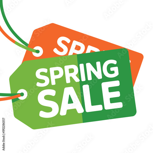 A colorful illustration of two tags advertising a spring sale on a white background