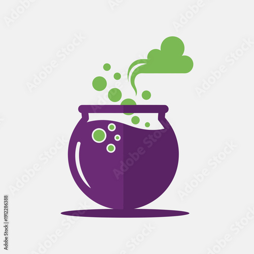 Illustration of a purple cauldron with green bubbling potion inside.
