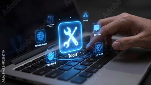 Digital Tools and Technical Support Hologram Over Laptop Keyboard With Hand Interacting for IT Service