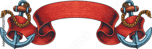 Vintage Pirate Anchor and Red Ribbon Banner Vector Illustration