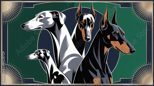 Three Doberman Dogs Sideways Profile.