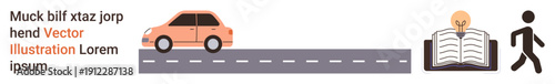 Education, transportation, innovation, personal development, study concepts, modern lifestyle. A car on a road, book with a bulb and walking figure. Education and transportation connection