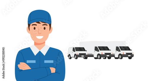 Smiling delivery man in a blue uniform standing with crossed arms in front of a fleet of white commercial delivery vans.