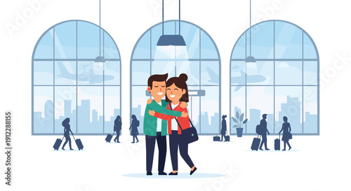 Cheerful young couple embracing in a spacious airport terminal with travelers and airplanes visible through large windows.