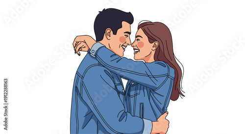 Happy young couple in denim jackets embracing each other closely, smiling and looking into each other's eyes.