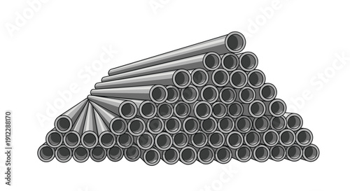 Large pyramid-shaped stack of numerous gray metal pipes with varying diameters, arranged for storage or distribution.