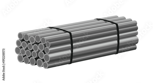Stack of numerous gray metal pipes of various diameters bundled and secured together with black straps.