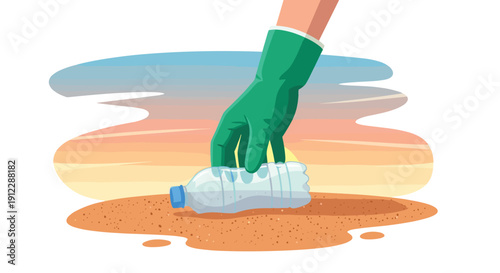A gloved hand in a green glove picks up a plastic water bottle from the sandy ground under a warm sunset sky.