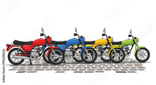 Five colorful pixel art motorcycles, red, blue, yellow, and green, are parked in a row on a patterned cobblestone surface.