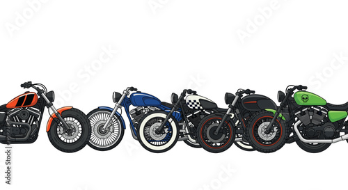 A series of seven pixel art classic motorcycles, showcasing diverse colors like orange, blue, and green, are arranged.
