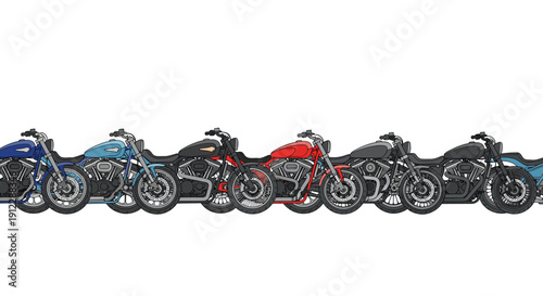 A continuous row of eight pixel art classic motorcycles, including dark tones and one prominent red bike.