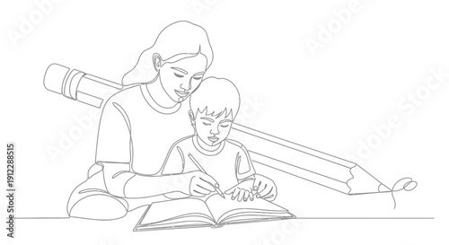 Mother and Child Reading Together with Oversized Pencil Illustration.