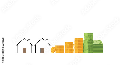 Outline drawings of two houses sit beside increasing stacks of gold coins and green banknotes.