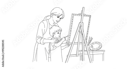 Woman guiding a child to paint on an easel with artistic tools nearby.